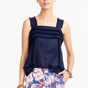 J.Crew Linen Navy Blue Fringe Tank Size 4 Sleeveless Square Neck